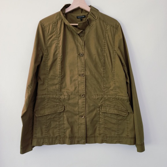 Eileen Fisher Jacket Olive‎ Green Ruffle Collar Cotton Blend Button Womens Large - Picture 2 of 8